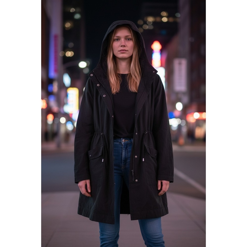 Be Cool LA Hooded Jacket Womens M Black Lightweight Utility Coat Minimal